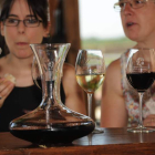 Dos mujeres disfrutan de los vinos Tierra de León en la última feria de la asociación.