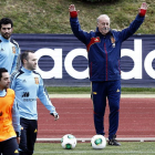 Vicente de Bosque hace indicaciones a sus jugadores durante el entrenamiento de la selección antes de partir a París.