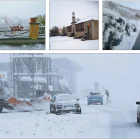Arriba, una estampa de Riaño, el Ayuntamiento de Burón y el puerto de Vegarada. Sobre estas líneas, la subida a Pajares, en la N-630. La nieve afectó a esta vía durante toda la jornada de ayer, impidiendo el paso de vehículos pesados y obligando a los tur