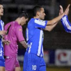 Máyor, Yuri y Víctor Salas celebran el tanto del brasileño que adelantaba a la Deportiva en El Plant