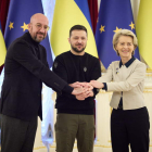 Michel, Zelenzki y Von der Leyen ayer, en la visita de la plana mayor de Bruselas a Kiev. UKRAINIAN PRESIDENTIAL PRESS