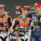 Márquez, Pedrosa y Lorenzo, en el podio tras la disputa del Gran Premio de España de Motociclismo disputado en Jerez.