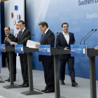 Los líderes europeos, durante la declaración conjunta en el Palacio de El Pardo. CHEMA MOYA