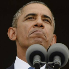El presidente estadounidense, Barack Obama, pronuncia un discurso durante una ceremonia para conmemorar el 50 aniversario de la Marcha en Washington hoy, miércoles 28 de agosto de 2013, en el Monumento a Lincoln, en Washington DC (EE.UU.), en el mismo lug