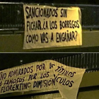 Pancartas contra Florentino Pérez en Madrid tras la sanción de la FIFA.