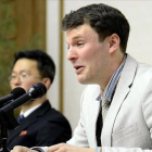 El estudiante estadounidense de 21 años, Otto Warmbier, en su comparecencia ante los medios norcoreanos en Pyongyang (Corea del Norte).