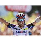 El ciclista español Joaquín "Purito" Rodríguez celebra su victoria en la tercera etapa de la 102ª edición del Tour de Francia, una carrera de de 159,9 km entre Amberes y Huy, en Bélgica.