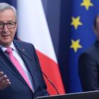 El presidente de la Comisión Europea, Jean-Claude Juncker, en la rueda de prensa que ha dado junto al primer ministro de Malta, Joseph Muscat.