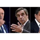 Los tres grandes favoritos en las primarias de la derecha francesa: Juppé (derecha), Fillon (centro) y Sarkozy.