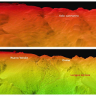 Dos imágenes facilitadas por el Ministerio de Ciencia e Innovación en las que se compara el relieve del fondo del mar antes y después de la erupción en la isla de El Hierro.