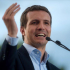 El presidente del PP, Pablo Casado, en un acto electoral de la campaña de municipales.