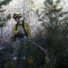 Un miembro de las brigadas forestales actuando en un incendio. FERNANDO OTERO