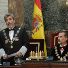 El Rey Felipe VI, junto a la fiscal general del Estado, María José Segarra y Carlos Lesmes.