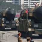 Misiles en el desfile militar del pasado 15 de abril en Pionyang, en Corea del Norte