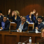 Ediles del PP y Ciudanos levantando la mano para votar, ayer en un momento del pleno. L. DE LA MATA