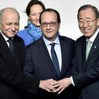 Laurent Fabius, Ségolène Royal, François Hollande y Ban Ki-moon, durante la jornada inaugural de la COP21 en París.