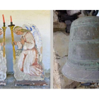 Derecha, ángeles cerferarios de Bouzas y campana de la iglesia de Manzanedo. Abajo, presentación de la revista, armadura de la iglesia de Valdefrancos y Cruz procesional de San Esteban de Valdueza. LDM