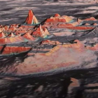 Una imagen de lídar del asentamiento maya Naachtun. Los puntos amarillos y las marcas rojas representan edificios y las calzadas están marcadas en gris.