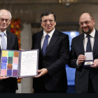 Los representantes europeos Herman Van Rompuy, Jose Manuel Durao Barroso y Martin Schulz.