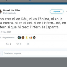 Tuit del profesor de Tremp Manel Riu, citado a declarar en enero por sus críticas a las fuerzas policiales tras el 1-O.