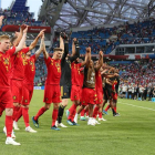 Jugadores de Bélgica celebran la victoria