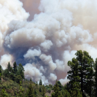 El humo del incendio forestal  en el municipio palmero de Puntagorda se observa en varios puntos de la isla. EFE / MIGUEL CALERO