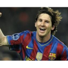 Leo Messi, celebrando uno de los cuatro goles que le marcó ayer al Arsenal.
