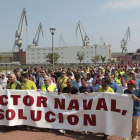 Trabajadores de los astilleros vizcaínos en una protesta para defender la industria naval, el 11 de julio.