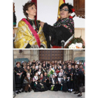 Arriba, María Dolores López y Carmen Castaño, águeda de honor. Debajo, las águedas de Santa María, contra las que arremetió la primera.