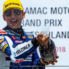 El español Jorge Martin (Honda) celebra su quinta victoria de la temporada en el podio de Alemania.
