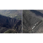 Arriba a la izquierda, ladera quemada, con el pueblo de Peñalba al fondo, el 20 de abril de 2017. Derecha, el mismo lugar, regenerado, el 20 de abril de este año. ANA BARREDO