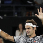 Federer celebra su victoria ante Mischa Zverev.