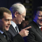 Medvedev, Van Rompuy y Durao Barroso, en Bruselas.