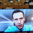 Navalni en una videoconferencia en el Europarlamento. OLIVIER HOSLET