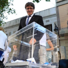 El presidente de la Generalitat, Carles Puigdemont, en el acto del PDECat de este martes por la tarde, en Barcelona.