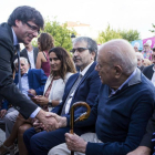 Carles Puigdemont saluda a Jordi Pujol, este martes, 1 de agosto, en la conmemoración del centenario de la muerte de Prat de la Riba, en Castellterçol.