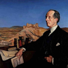 Retrato de Azorin realizado por Ignacio Zuloaga, con su castillo de Pedraza al fondo. ARCHIVO