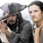 Johnny Deep y Orlando Bloom caracterizados como el capitán Sparrow y Will Turner