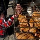 Un niño chino acaricia a unos pollos procedentes de Tailandia