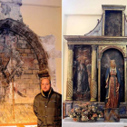 La pintura del caballero de Gordaliza del Pino junto al párroco, Jorge García. A la derecha, el retablo tras el que se ocultaba.