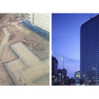 Estado actual de los terrenos en los que se ubicará la sede de la Agencia Europea del Medicamento en Ámsterdam, a la izquierda, e imagen de la Torre Pirelli, la sede ofrecida por Milán, a la derecha.