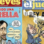 La portada censurada de 'El Jueves' sobre la abdicación de El Rey (derecha) y la de Pablo Iglesias por la que ha sido sustituida en los quioscos.