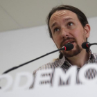 El líder de Podemos, Pablo Iglesias, durante la rueda de prensa sobre la moción de censura.