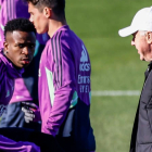 Vinicius y Ancelotti en un entrenamiento del Real Madrid. JIMÉNEZ