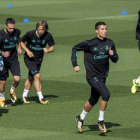 Cristiano Ronaldo, durante el entrenamiento de este martes en Valdebebas.