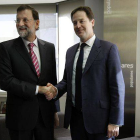 Mariano Rajoy durante la reunion que tuvo este mediodia en la sede del PP con el Viceprimer Ministro britanico Nick Clegg.