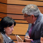 Ángela Marqués y Juan Jesús Blanco, ayer durante el pleno de las Cortes que debatió la reclamación de los fondos mineros.