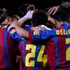 Los jugadores del Barça celebran un gol del partido del domingo