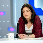 La portavoz adjunta de Podemos, Irene Montero, durante la entrevista que ha concedido este martes a 'Los desayunos de TVE'.