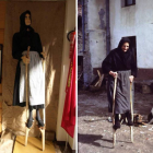 La figura del museo de Riaño —a la izquierda— representa a la Tía Dámasa, sobre sus zancos.